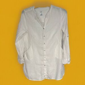 Sigrid Olsen Women's Size Medium 100% Linen Tunic White‎ Tab Long Sleeve V-Neck
